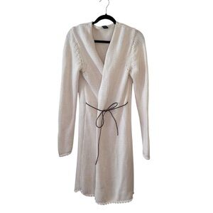 Y2K Vintage Gap White Cotton Open Knit Duster Cardigan Leather Tie Belt Size XL